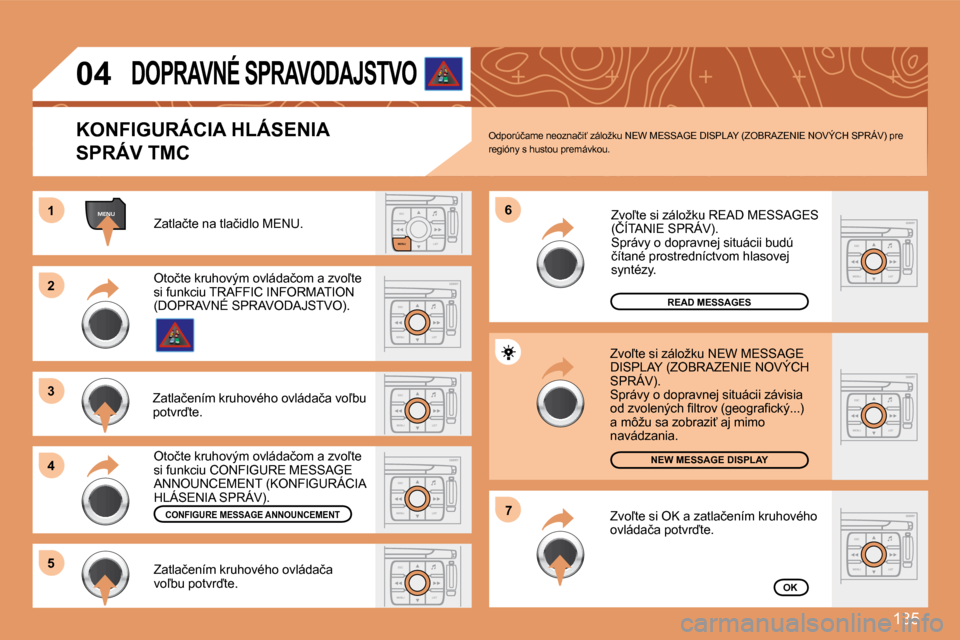 Peugeot 307 CC 2007.5  Užívateľská príručka (in Slovak) 135
ESCLIST
MENU
MENU1
ESC
MENU LIST
2
3 
4 6
5
ESC
MENU LIST
ESC
MENU LIST
7
ESC
MENU LIST
ESC
MENU LIST
ESC
MENU LIST
ESC
MENU LIST
04
�Z�a�t�l�a�č�t�e� �n�a� �t�l�a�č�i�d�l�o� �M�E�N�U�.
READ MES