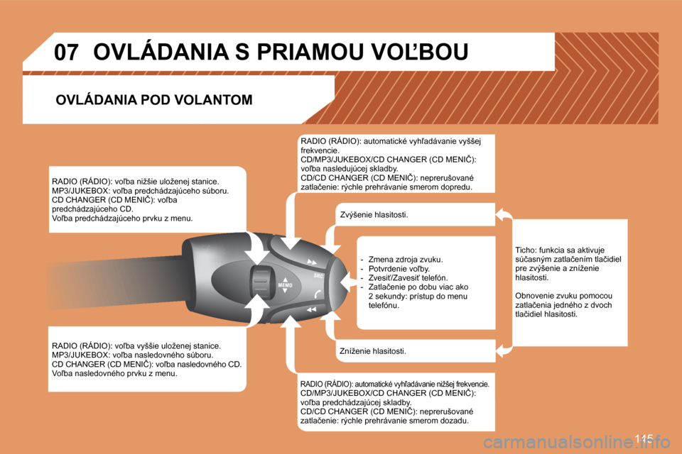 Peugeot 307 CC 2007.5  Užívateľská príručka (in Slovak) 145
07
�R�A�D�I�O� �(�R�Á�D�I�O�)�:� �v�o-�b�a� �n�i�ž�š�i�e� �u�l�o�ž�e�n�e�j� �s�t�a�n�i�c�e�. 
�M�P�3�/�J�U�K�E�B�O�X�:� �v�o-�b�a� �p�r�e�d�c�h�á�d�z�a�j�ú�c�e�h�o� �s�ú�b�o�r�u�.
�C�D� �