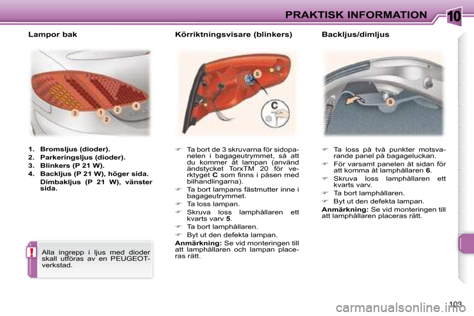 Peugeot 307 CC 2007.5  Ägarmanual (in Swedish) 10
!
103
PRAKTISK INFORMATION   
�    Ta  loss  på  två  punkter  motsva-
rande panel på bagageluckan. 
  
�    För  varsamt  panelen  åt  sidan  för 
att komma åt lamphållaren  6. 
  
�