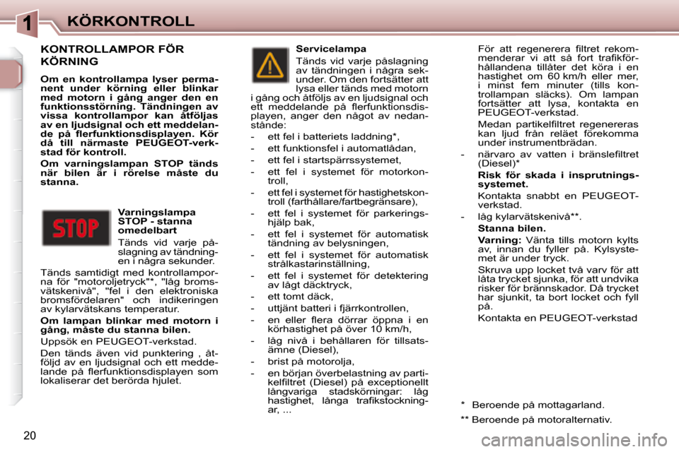 Peugeot 307 CC 2007.5  Ägarmanual (in Swedish) 20
KÖRKONTROLL
 KONTROLLAMPOR FÖR 
KÖRNING 
  
Om  en  kontrollampa  lyser  perma- 
nent  under  körning  eller  blinkar 
med  motorn  i 
gång  anger  den  en funktionsstörning. Tändningen  av 