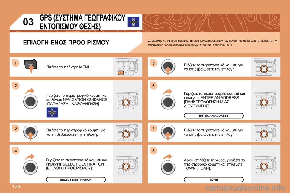 Peugeot 307 CC 2007.5  Εγχειρίδιο χρήσης (in Greek) 126
MENUESCLIST
MENU
ESC
MENU LISTESC
MENU LIST
ESC
MENU LIST
ESC
MENU LIST
1 
�2 
3 �5 
7
4 �6 
8
ESC
MENU LIST
ESC
MENU LIST
ESC
MENU LIST
03�G�P�S� �(	