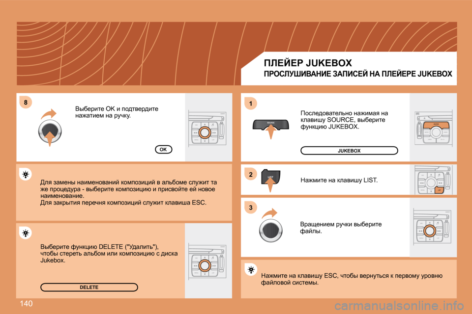 Peugeot 307 CC 2007.5  Инструкция по эксплуатации (in Russian) �1�4�0
�8
SOURCE
�2
ESC
MENU LIST
LIST
ESC
MENU LIST
S
O S SOURCE
MODE BAND TPT
A  Y
DARKSOURCE
ESC
MENU LIST
LIST
ESC
MENU LIST
�1
�3
�D�E�L�E�T�E
OK fhke_^hywl_evÖh� Öw`bfwy�