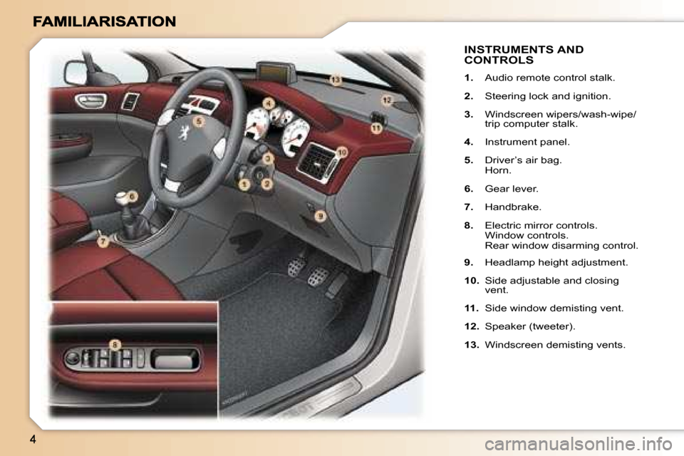 Peugeot 307 CC 2007  Owners Manual �I�N�S�T�R�U�M�E�N�T�S� �A�N�D�  
�C�O�N�T�R�O�L�S
�1�.�  �A�u�d�i�o� �r�e�m�o�t�e� �c�o�n�t�r�o�l� �s�t�a�l�k�.
�2�.�  �S�t�e�e�r�i�n�g� �l�o�c�k� �a�n�d� �i�g�n�i�t�i�o�n�.
�3�.�  �W�i�n�d�s�c�r�e�e