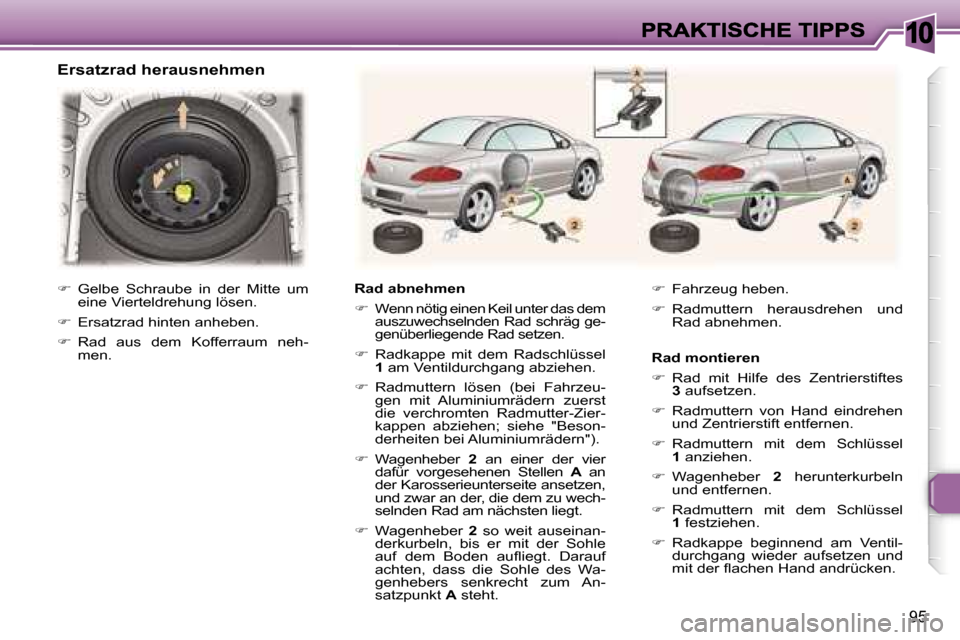 Peugeot 307 CC 2007  Betriebsanleitung (in German) �1�0
�9�5
�E�r�s�a�t�z�r�a�d� �h�e�r�a�u�s�n�e�h�m�e�n� 
�R�a�d� �a�b�n�e�h�m�e�n� 
��  �W�e�n�n� �n�ö�t�i�g� �e�i�n�e�n� �K�e�i�l� �u�n�t�e�r� �d�a�s� �d�e�m� �a�u�s�z�u�w�e�c�h�s�e�l�n�d�e�n� �R