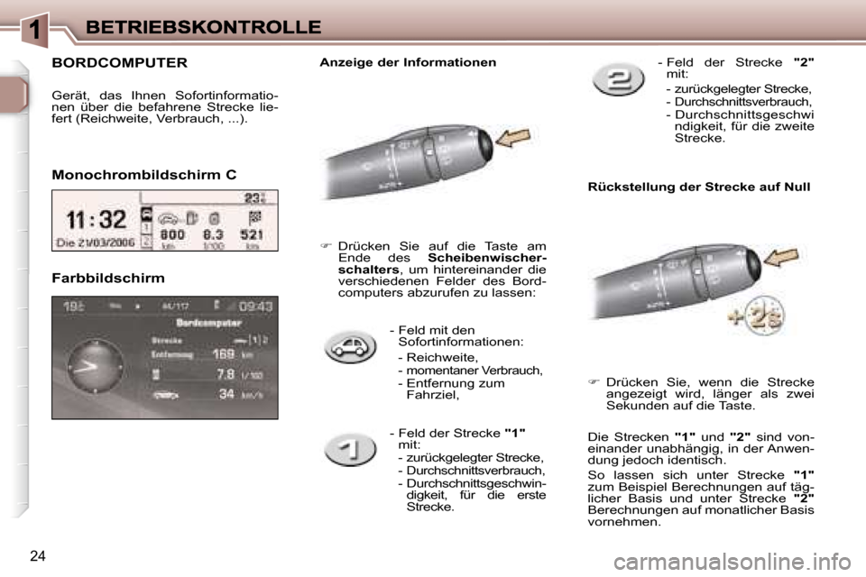 Peugeot 307 CC 2007  Betriebsanleitung (in German) �2�4
�-� � �F�e�l�d� �m�i�t� �d�e�n� �S�o�f�o�r�t�i�n�f�o�r�m�a�t�i�o�n�e�n�:
�-� �R�e�i�c�h�w�e�i�t�e�,�-� � �m�o�m�e�n�t�a�n�e�r� �V�e�r�b�r�a�u�c�h�,�-� �E�n�t�f�e�r�n�u�n�g� �z�u�m� �F�a�h�r�z�i�e