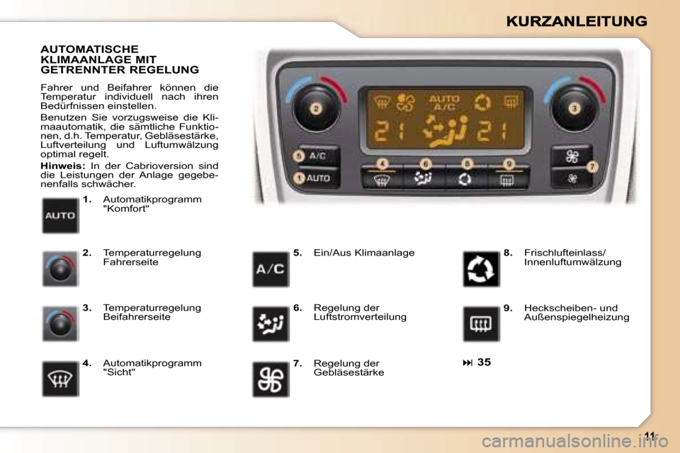 Peugeot 307 CC 2007  Betriebsanleitung (in German) ��3�5
�1�.�  �A�u�t�o�m�a�t�i�k�p�r�o�g�r�a�m�m� �"�K�o�m�f�o�r�t�"
�A�U�T�O�M�A�T�I�S�C�H�E�  
�K�L�I�M�A�A�N�L�A�G�E� �M�I�T� 
�G�E�T�R�E�N�N�T�E�R� �R�E�G�E�L�U�N�G
�F�a�h�r�e�r�  �u�n�d�  �B�e�