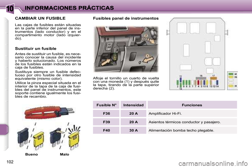 Peugeot 307 CC 2007  Manual del propietario (in Spanish) �1�0
�1�0�2
�C�A�M�B�I�A�R� �U�N� �F�U�S�I�B�L�E
�L�a�s� �c�a�j�a�s� �d�e� �f�u�s�i�b�l�e�s� �e�s�t�á�n� �s�i�t�u�a�d�a�s� �e�n�  �l�a�  �p�a�r�t�e�  �i�n�f�e�r�i�o�r�  �d�e�l�  �p�a�n�e�l�  �d�e�  �