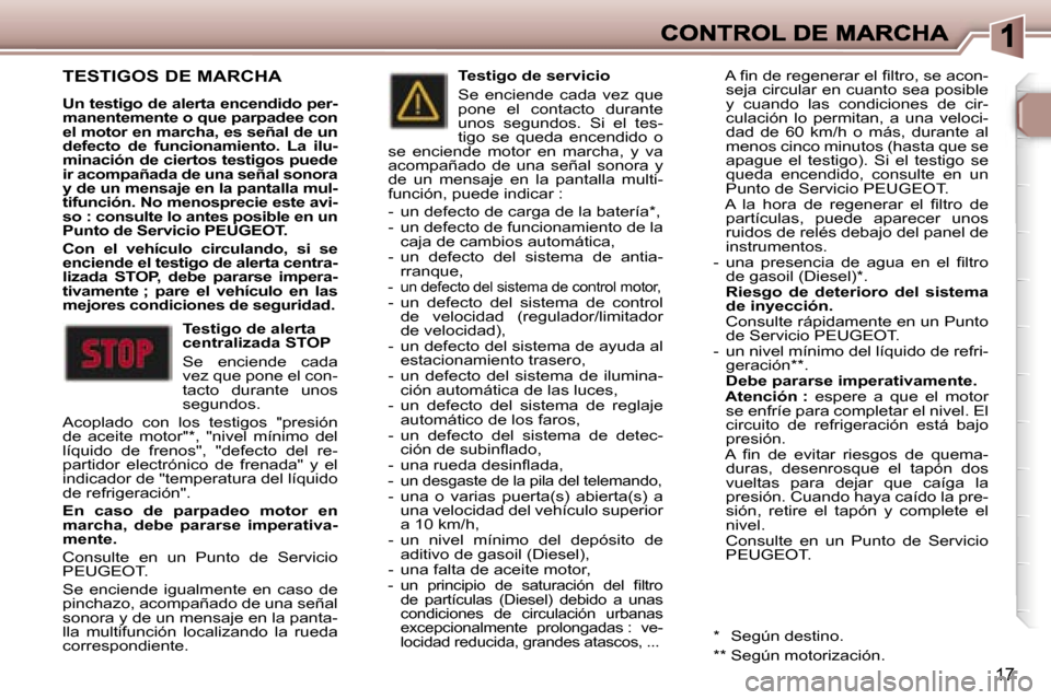 Peugeot 307 CC 2007  Manual del propietario (in Spanish) �1�7
�T�E�S�T�I�G�O�S� �D�E� �M�A�R�C�H�A
�U�n� �t�e�s�t�i�g�o� �d�e� �a�l�e�r�t�a� �e�n�c�e�n�d�i�d�o� �p�e�r�-�m�a�n�e�n�t�e�m�e�n�t�e� �o� �q�u�e� �p�a�r�p�a�d�e�e� �c�o�n� �e�l� �m�o�t�o�r� �e�n� 