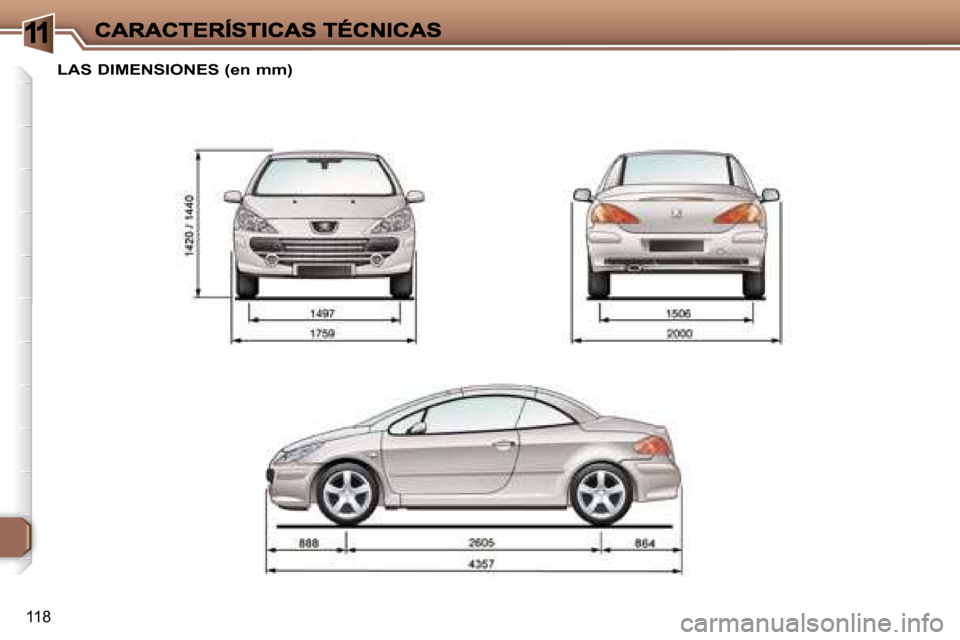 Peugeot 307 CC 2007  Manual del propietario (in Spanish) �1
�1�1�8
�L�A�S� �D�I�M�E�N�S�I�O�N�E�S� �(�e�n� �m�m�)     