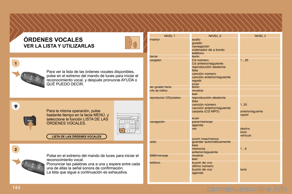 Peugeot 307 CC 2007  Manual del propietario (in Spanish) �1�4�4
�M�E�N�U�E�S�C�L�I�S�T
�M�E�N�U
�2�2
�1�1
�P�u�l�s�e� �e�n� �e�l� �e�x�t�r�e�m�o� �d�e�l� �m�a�n�d�o� �d�e� �l�u�c�e�s� �p�a�r�a� �i�n�i�c�i�a�r � �e�l� �P�u�l�s�e� �e�n� �e�l� �e�x�t�r�e�m�o� 