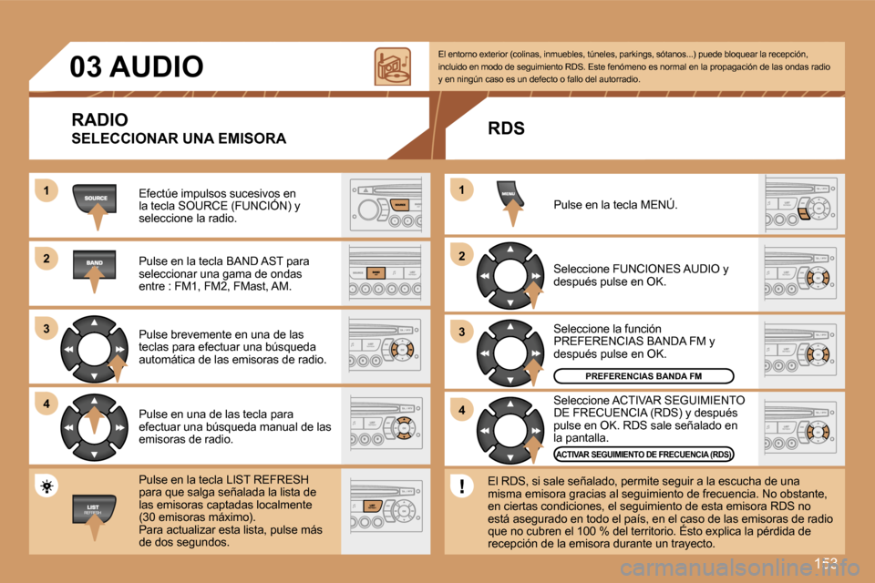 Peugeot 307 CC 2007  Manual del propietario (in Spanish) �1�5�3
�1�1
�2�2
�3�3
�4�4
�2�2
�4�4
�3�3
�1�1
�0�3� �A�U�D�I�O
�R�A�D�I�O
�S�E�L�E�C�C�I�O�N�A�R� �U�N�A� �E�M�I�S�O�R�A
�E�f�e�c�t�ú�e� �i�m�p�u�l�s�o�s� �s�u�c�e�s�i�v�o�s� �e�n� �l�a� �t�e�c�l�a�