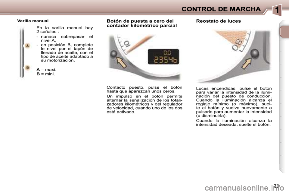 Peugeot 307 CC 2007  Manual del propietario (in Spanish) �2�3
�L�u�c�e�s�  �e�n�c�e�n�d�i�d�a�s�,�  �p�u�l�s�e�  �e�l�  �b�o�t�ó�n� �p�a�r�a�  �v�a�r�i�a�r�  �l�a�  �i�n�t�e�n�s�i�d�a�d�  �d�e�  �l�a�  �i�l�u�m�i�-�n�a�c�i�ó�n�  �d�e�l�  �p�u�e�s�t�o�  �d