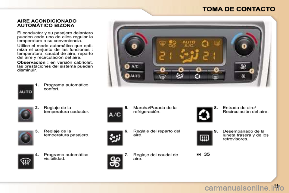 Peugeot 307 CC 2007  Manual del propietario (in Spanish) �� �3�5
�1�.� �P�r�o�g�r�a�m�a� �a�u�t�o�m�á�t�i�c�o� �c�o�n�f�o�r�t�.
�A�I�R�E� �A�C�O�N�D�I�C�I�O�N�A�D�O�  
�A�U�T�O�M�Á�T�I�C�O� �B�I�Z�O�N�A
�E�l� �c�o�n�d�u�c�t�o�r� �y� �s�u� �p�a�s�a�j�e�