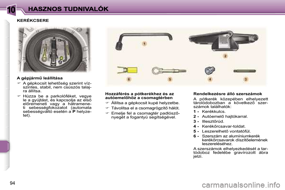 Peugeot 307 CC 2007  Kezelési útmutató (in Hungarian) �1�0
�9�4
�H�o�z�z�á�f�é�r�é�s� �a� �p�ó�t�k�e�r�é�k�h�e�z� �é�s� �a�z� �a�u�t�ó�e�m�e�l5�h�ö�z� �a� �c�s�o�m�a�g�t�é�r�b�e�n
��Á�l�l�í�t�s�a� �a� �g�é�p�k�o�c�s�i�t� �k�u�p�é� �h�e�l