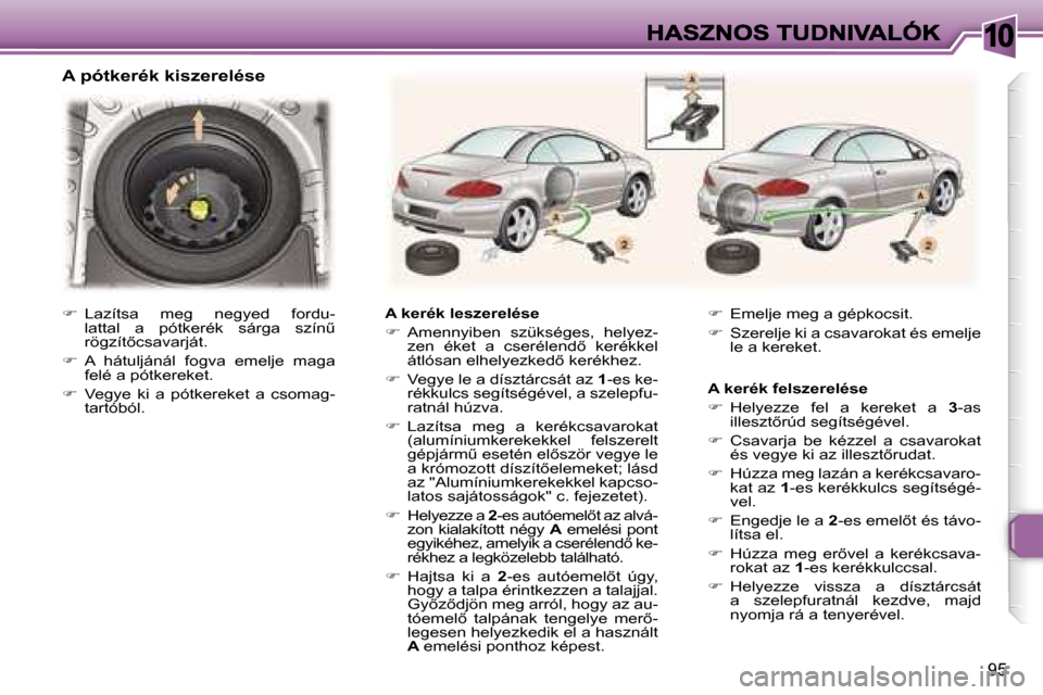 Peugeot 307 CC 2007  Kezelési útmutató (in Hungarian) �1�0
�9�5
�A� �p�ó�t�k�e�r�é�k� �k�i�s�z�e�r�e�l�é�s�e
�A� �k�e�r�é�k� �l�e�s�z�e�r�e�l�é�s�e
��  �A�m�e�n�n�y�i�b�e�n�  �s�z�ü�k�s�é�g�e�s�,�  �h�e�l�y�e�z�-�z�e�n�  �é�k�e�t�  �a�  �c�s�e