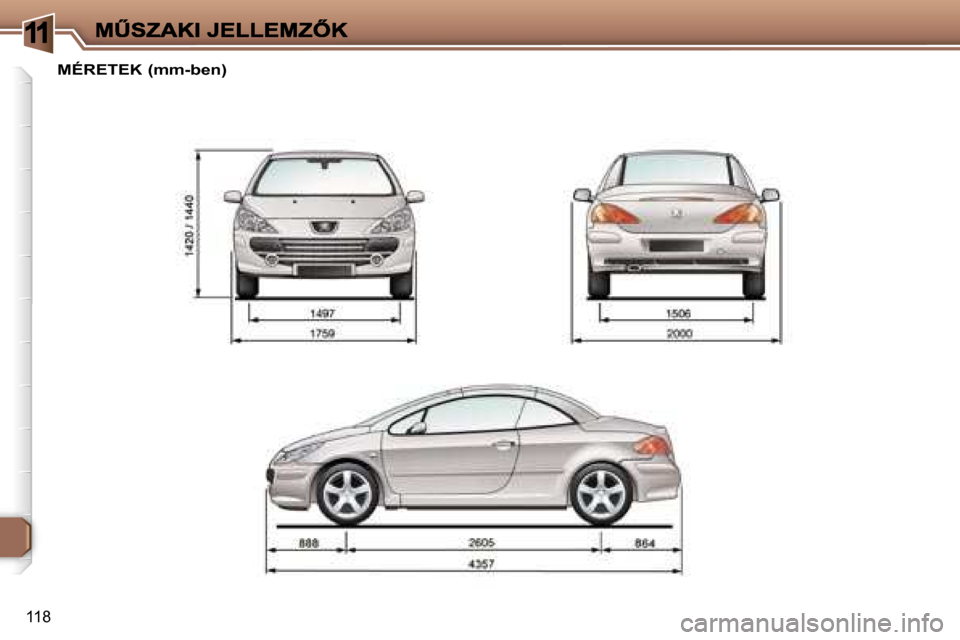 Peugeot 307 CC 2007  Kezelési útmutató (in Hungarian) �1
�1�1�8
�M�É�R�E�T�E�K� �(�m�m�-�b�e�n�)     