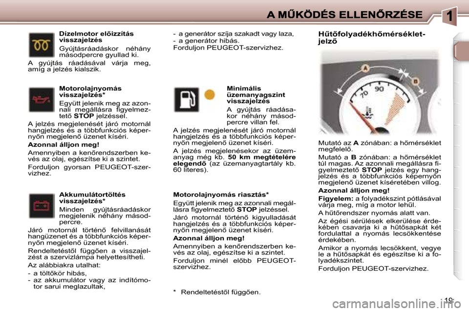 Peugeot 307 CC 2007  Kezelési útmutató (in Hungarian) �1�9
�M�o�t�o�r�o�l�a�j�n�y�o�m�á�s� �r�i�a�s�z�t�á�s�*� 
�E�g�y�ü�t�t� �j�e�l�e�n�i�k� �m�e�g� �a�z� �a�z�o�n�n�a�l�i� �m�e�g�á�l�-�l�á�s�r�a� �ﬁ�g�y�e�l�m�e�z�t�e�t5� �S�T�O�P� �j�e�l�z�é�s