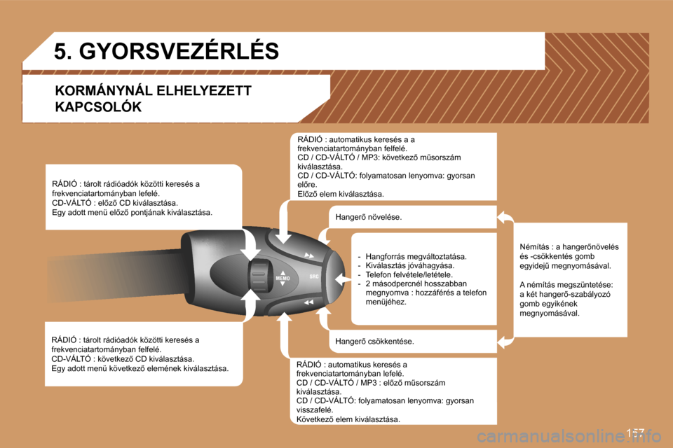 Peugeot 307 CC 2007  Kezelési útmutató (in Hungarian) �1�5�7
�R�Á�D�I�Ó� �:� �t�á�r�o�l�t� �r�á�d�i�ó�a�d�ó�k� �k�ö�z�ö�t�t�i� �k�e�r�e�s�é�s� �a�  
�f�r�e�k�v�e�n�c�i�a�t�a�r�t�o�m�á�n�y�b�a�n� �f�e�l�f�e�l�é�.
�C�D�-�V�Á�L�T�Ó� �:� �k�ö�v
