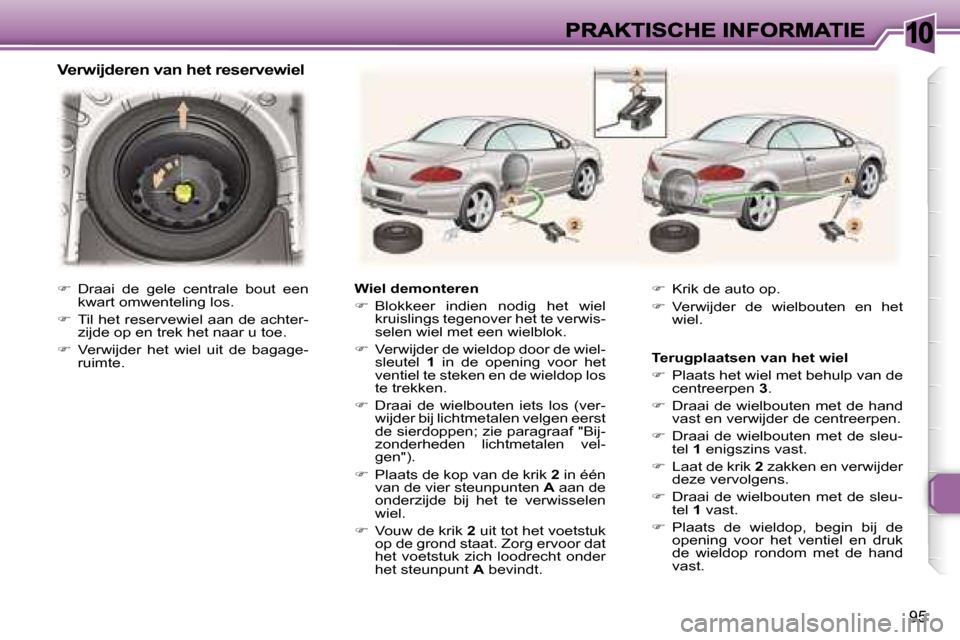 Peugeot 307 CC 2007  Handleiding (in Dutch) �1�0
�9�5
�V�e�r�w�i�j�d�e�r�e�n� �v�a�n� �h�e�t� �r�e�s�e�r�v�e�w�i�e�l
�W�i�e�l� �d�e�m�o�n�t�e�r�e�n
��  �B�l�o�k�k�e�e�r�  �i�n�d�i�e�n�  �n�o�d�i�g�  �h�e�t�  �w�i�e�l� �k�r�u�i�s�l�i�n�g�s� �