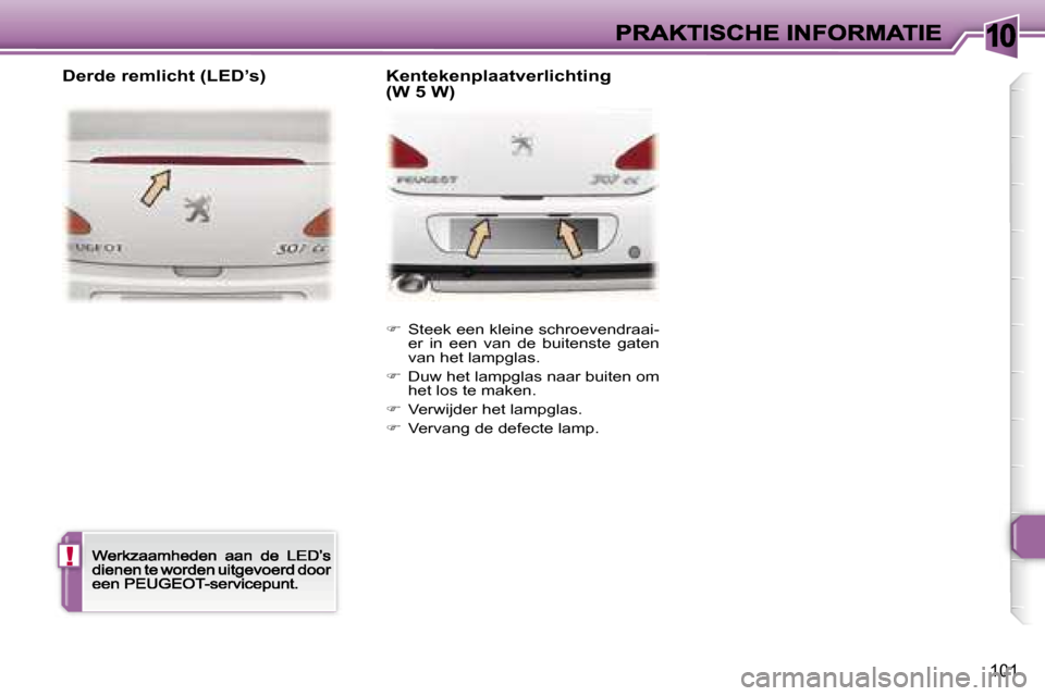 Peugeot 307 CC 2007  Handleiding (in Dutch) �1�0
�!
�1�0�1
��  �S�t�e�e�k� �e�e�n� �k�l�e�i�n�e� �s�c�h�r�o�e�v�e�n�d�r�a�a�i�-�e�r�  �i�n�  �e�e�n�  �v�a�n�  �d�e�  �b�u�i�t�e�n�s�t�e�  �g�a�t�e�n� �v�a�n� �h�e�t� �l�a�m�p�g�l�a�s�.
��  