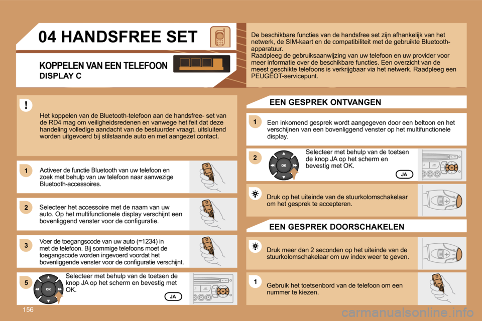 Peugeot 307 CC 2007  Handleiding (in Dutch) �1�5�6
�1�1
�2�2
�3�3
�1�1
�2�2
�5�5�1�1
�0�4� �H�A�N�D�S�F�R�E�E� �S�E�T
�K�O�P�P�E�L�E�N� �V�A�N� �E�E�N� �T�E�L�E�F�O�O�N
�D�I�S�P�L�A�Y� �C
�H�e�t� �k�o�p�p�e�l�e�n� �v�a�n� �d�e� �B�l�u�e�t�o�o�t
