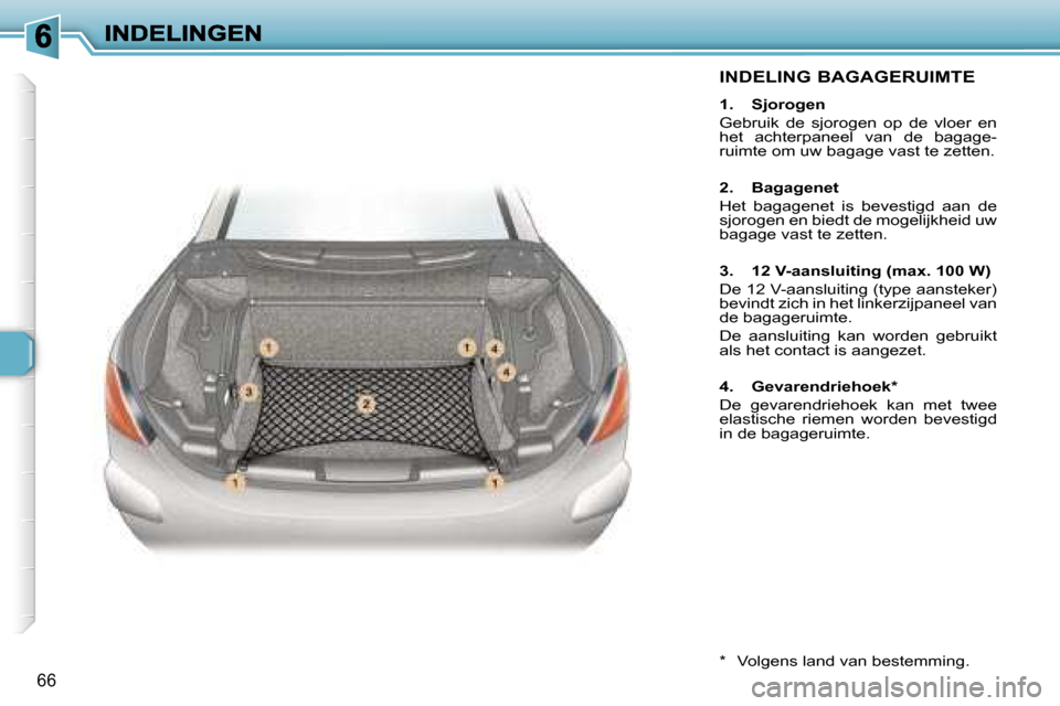 Peugeot 307 CC 2007  Handleiding (in Dutch) �6�6
�I�N�D�E�L�I�N�G� �B�A�G�A�G�E�R�U�I�M�T�E
�1�.�  �S�j�o�r�o�g�e�n
�G�e�b�r�u�i�k�  �d�e�  �s�j�o�r�o�g�e�n�  �o�p�  �d�e�  �v�l�o�e�r�  �e�n� �h�e�t�  �a�c�h�t�e�r�p�a�n�e�e�l�  �v�a�n�  �d�e�  