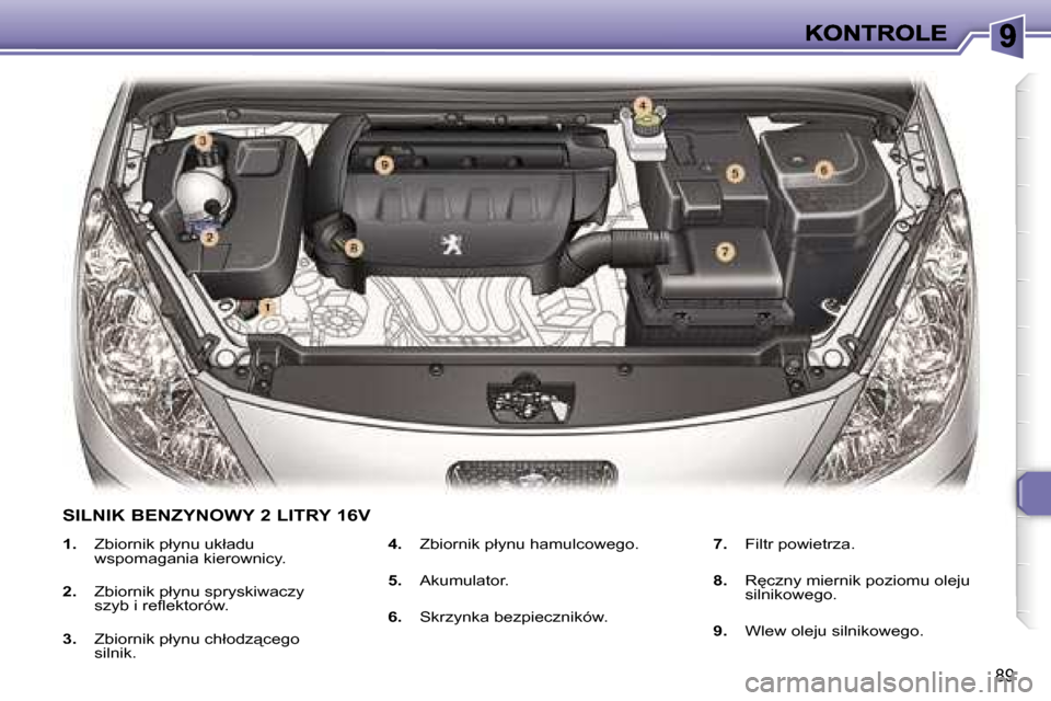 Peugeot 307 CC 2007  Instrukcja Obsługi (in Polish) �8�9
�1�.�  �Z�b�i�o�r�n�i�k� �p�ł�y�n�u� �u�k�ł�a�d�u� �w�s�p�o�m�a�g�a�n�i�a� �k�i�e�r�o�w�n�i�c�y�.
�2�.�  �Z�b�i�o�r�n�i�k� �p�ł�y�n�u� �s�p�r�y�s�k�i�w�a�c�z�y� �s�z�y�b� �i� �r�e�f�l�e�k�t�o�