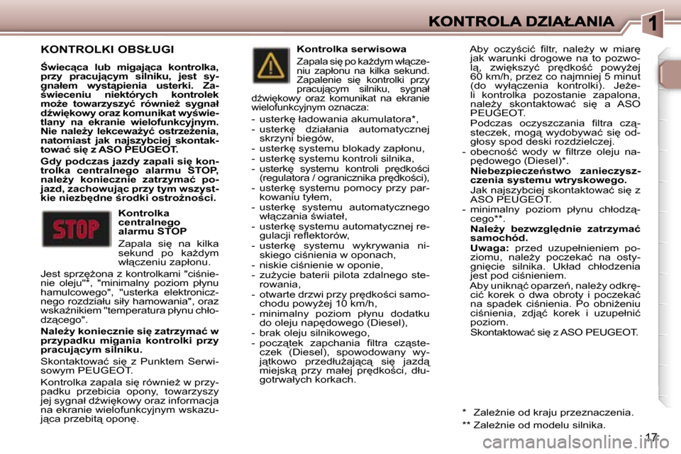 Peugeot 307 CC 2007  Instrukcja Obsługi (in Polish) �1�7
�K�O�N�T�R�O�L�K�I� �O�B�S�Ł�U�G�I
:�w�i�e�c"�c�a�  �l�u�b�  �m�i�g�a�j"�c�a�  �k�o�n�t�r�o�l�k�a�,� �p�r�z�y�  �p�r�a�c�u�j"�c�y�m�  �s�i�l�n�i�k�u�,�  �j�e�s�t�  �s�y�-�g�n�a�ł�e�m�  �w�y