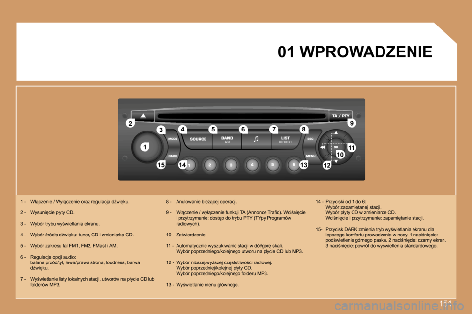 Peugeot 307 CC 2007  Instrukcja Obsługi (in Polish) �1�5�1
�1�1
�2�2
�1�0�1�0�1�1�1�1
�1�3�1�3�1�4�1�4�1�5�1�5
�3�3�4�4�5�5�6�6�7�7�8�8�9�9
�1�2�1�2
�0�1� �W�P�R�O�W�A�D�Z�E�N�I�E
�1� �-�  �W�ł"�c�z�e�n�i�e� �/� �W�y�ł"�c�z�e�n�i�e� �o�r�a�z� �r�e�