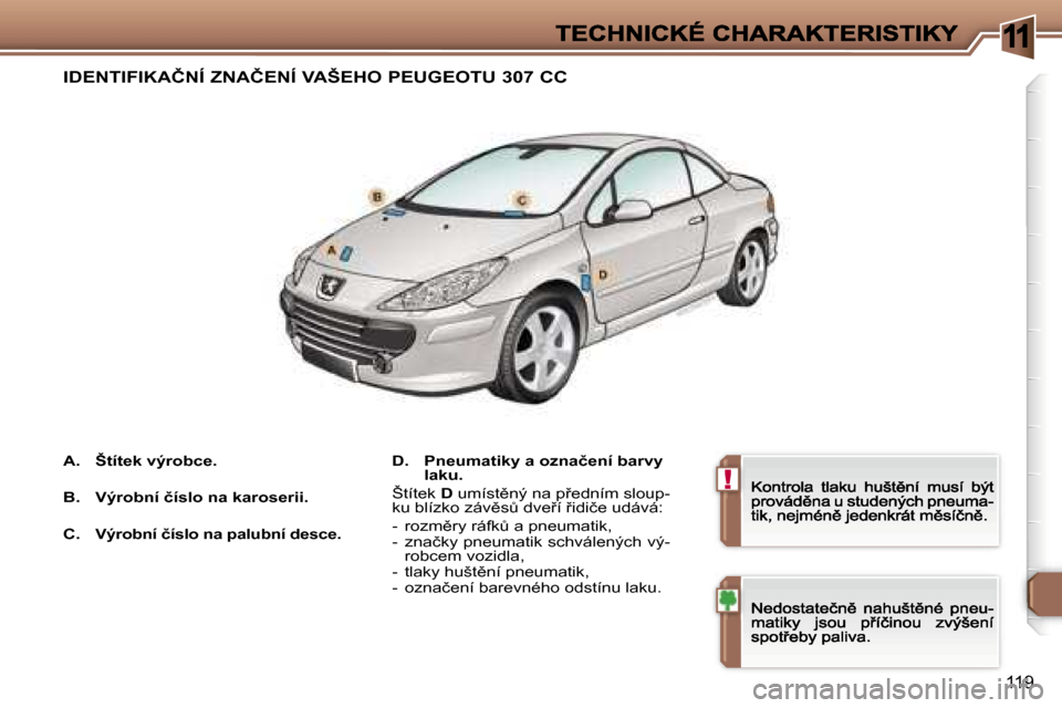 Peugeot 307 CC 2007  Návod k obsluze (in Czech) �1
�!
�1�1�9
�I�D�E�N�T�I�F�I�K�A�Č�N�Í� �Z�N�A�Č�E�N�Í� �V�A�Š�E�H�O� �P�E�U�G�E�O�T�U� �3�0�7� �C�C
�D�.�  �P�n�e�u�m�a�t�i�k�y� �a� �o�z�n�a�č�e�n�í� �b�a�r�v�y� �l�a�k�u�.
�Š�t�í�t�e�k� �