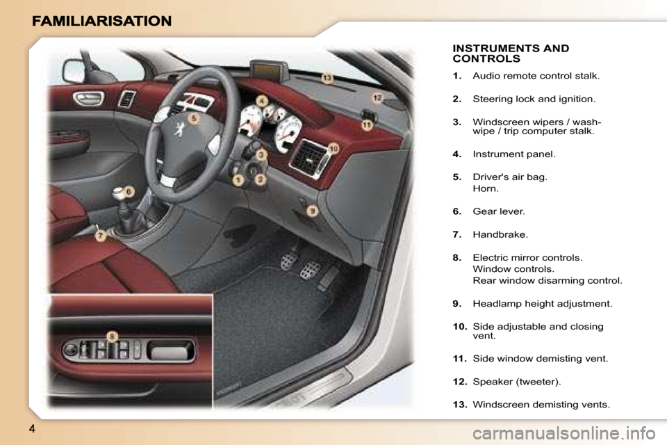 Peugeot 307 CC 2006  Owners Manual �I�N�S�T�R�U�M�E�N�T�S� �A�N�D�  
�C�O�N�T�R�O�L�S
�1�.�  �A�u�d�i�o� �r�e�m�o�t�e� �c�o�n�t�r�o�l� �s�t�a�l�k�.
�2�.�  �S�t�e�e�r�i�n�g� �l�o�c�k� �a�n�d� �i�g�n�i�t�i�o�n�.
�3�.�  �W�i�n�d�s�c�r�e�e