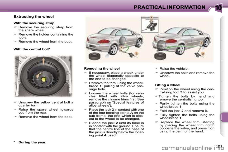 Peugeot 307 CC 2006  Owners Manual �1�0
�1�0�1
�E�x�t�r�a�c�t�i�n�g� �t�h�e� �w�h�e�e�l
�W�i�t�h� �t�h�e� �s�e�c�u�r�i�n�g� �s�t�r�a�p
��  �R�e�m�o�v�e�  �t�h�e�  �s�e�c�u�r�i�n�g�  �s�t�r�a�p�  �f�r�o�m� �t�h�e� �s�p�a�r�e� �w�h�e�