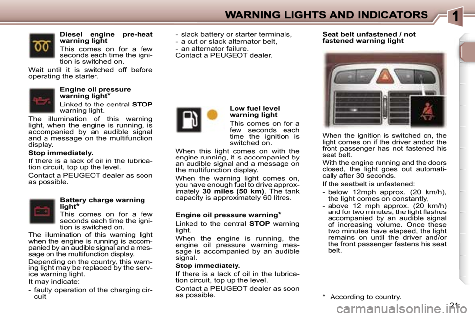 Peugeot 307 CC 2006 User Guide �2�1
�E�n�g�i�n�e� �o�i�l� �p�r�e�s�s�u�r�e� �w�a�r�n�i�n�g�*
�L�i�n�k�e�d�  �t�o�  �t�h�e�  �c�e�n�t�r�a�l� �S�T�O�P�  �w�a�r�n�i�n�g� �l�i�g�h�t�.
�W�h�e�n�  �t�h�e�  �e�n�g�i�n�e�  �i�s�  �r�u�n�n�