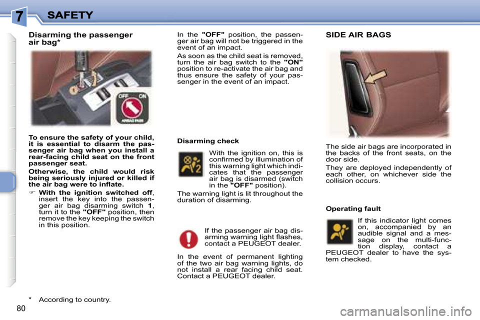 Peugeot 307 CC 2006 Owners Manual �8�0
�I�n�  �t�h�e� �"�O�F�F�"� �p�o�s�i�t�i�o�n�,�  �t�h�e�  �p�a�s�s�e�n�-�g�e�r� �a�i�r� �b�a�g� �w�i�l�l� �n�o�t� �b�e� �t�r�i�g�g�e�r�e�d� �i�n� �t�h�e� �e�v�e�n�t� �o�f� �a�n� �i�m�p�a�c�t�.
�A�