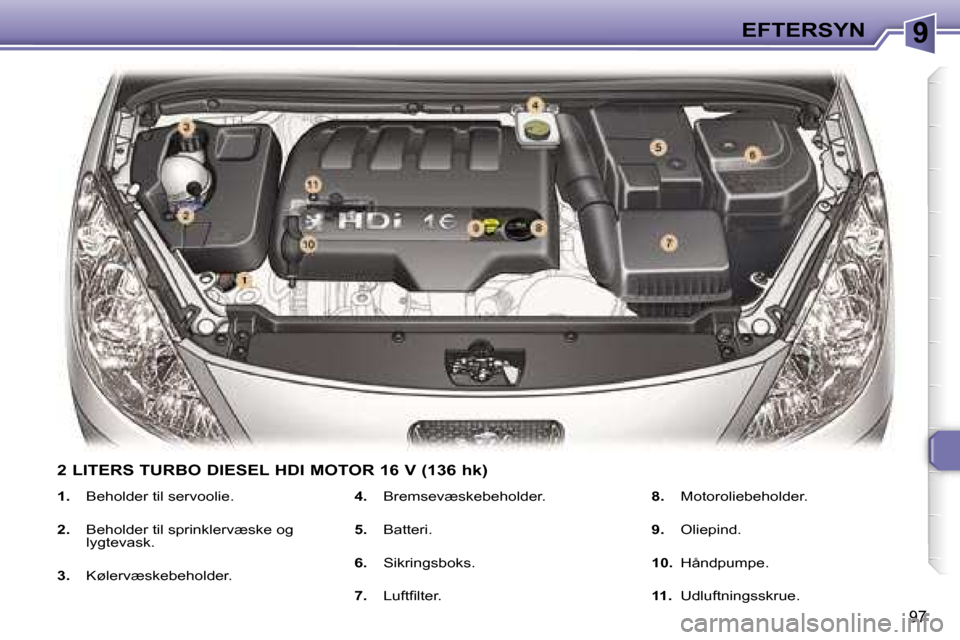 Peugeot 307 CC 2006  Instruktionsbog (in Danish) �9�E�F�T�E�R�S�Y�N
�9�7
�1�.� �B�e�h�o�l�d�e�r� �t�i�l� �s�e�r�v�o�o�l�i�e�.
�2�.�  �B�e�h�o�l�d�e�r� �t�i�l� �s�p�r�i�n�k�l�e�r�v�æ�s�k�e� �o�g�  
�l�y�g�t�e�v�a�s�k�.
�3�.�  �K�ø�l�e�r�v�æ�s�k�e�