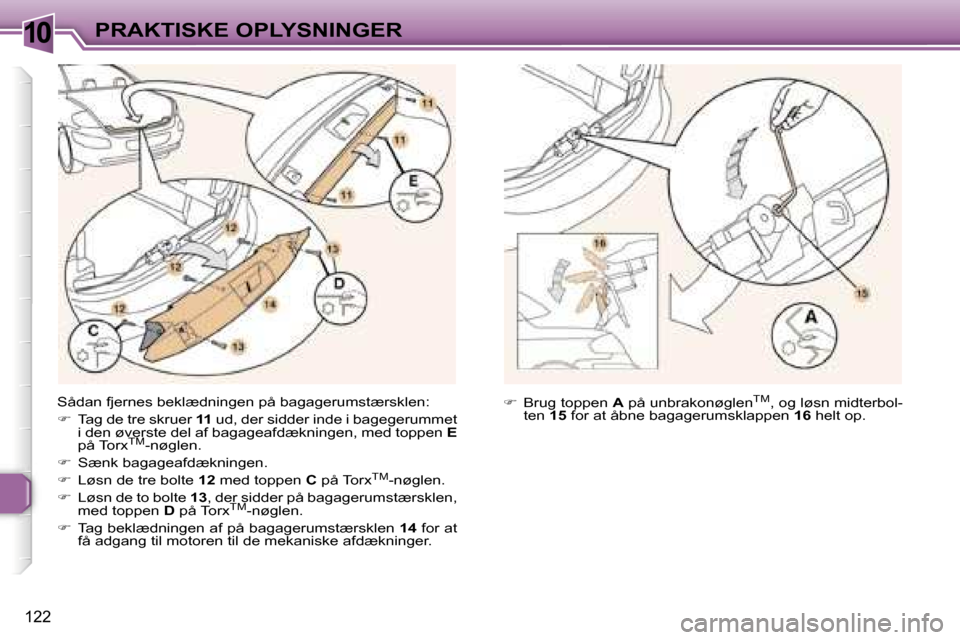 Peugeot 307 CC 2006  Instruktionsbog (in Danish) �1�0�P�R�A�K�T�I�S�K�E� �O�P�L�Y�S�N�I�N�G�E�R
�1�2�2
�S�å�d�a�n� �f�j�e�r�n�e�s� �b�e�k�l�æ�d�n�i�n�g�e�n� �p�å� �b�a�g�a�g�e�r�u�m�s�t�æ�r�s�k�l�e�n�: 
��  �T�a�g� �d�e� �t�r�e� �s�k�r�u�e�r�