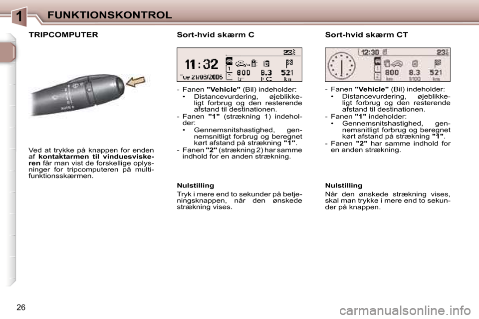 Peugeot 307 CC 2006  Instruktionsbog (in Danish) �1�F�U�N�K�T�I�O�N�S�K�O�N�T�R�O�L
�2�6
�T�R�I�P�C�O�M�P�U�T�E�R
�V�e�d�  �a�t�  �t�r�y�k�k�e�  �p�å�  �k�n�a�p�p�e�n�  �f�o�r�  �e�n�d�e�n�  
�a�f� �k�o�n�t�a�k�t�a�r�m�e�n�  �t�i�l�  �v�i�n�d�u�e�s