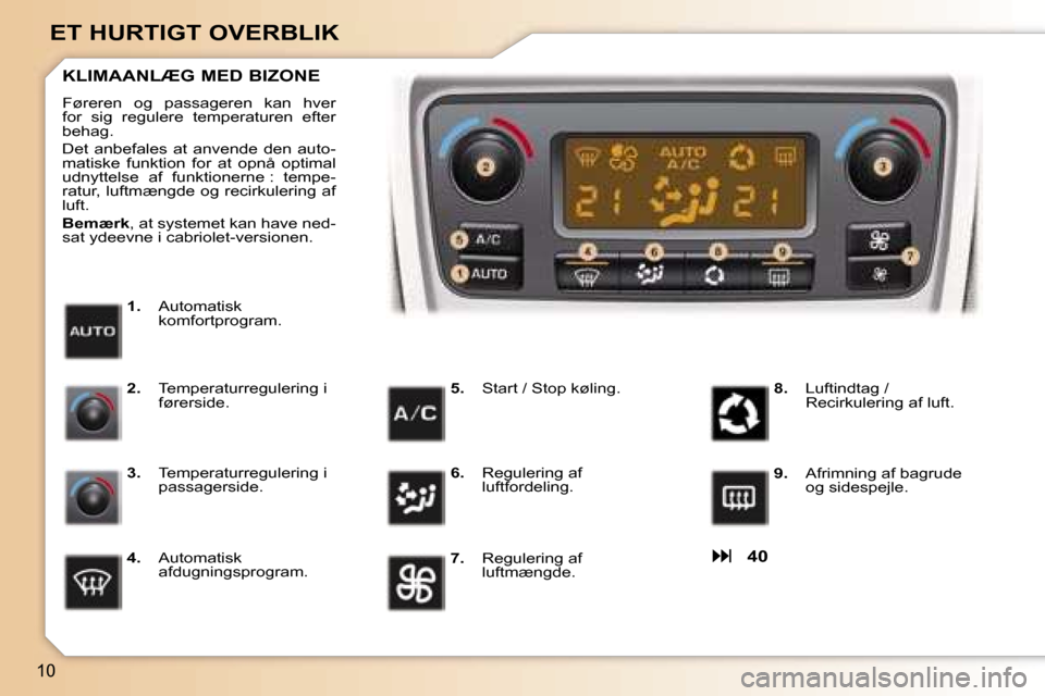 Peugeot 307 CC 2006  Instruktionsbog (in Danish) �1�0
�E�T� �H�U�R�T�I�G�T� �O�V�E�R�B�L�I�K�� 
�4�0
�1�.� �A�u�t�o�m�a�t�i�s�k�  
�k�o�m�f�o�r�t�p�r�o�g�r�a�m�.
�K�L�I�M�A�A�N�L�Æ�G� �M�E�D� �B�I�Z�O�N�E
�F�ø�r�e�r�e�n�  �o�g�  �p�a�s�s�a�g�e�