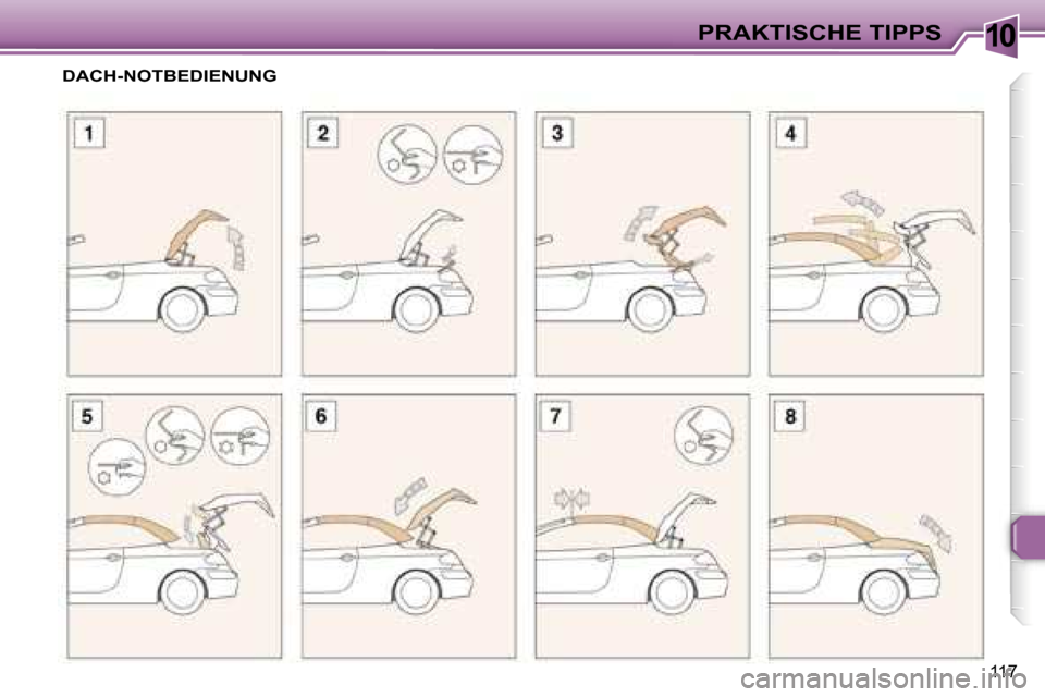 Peugeot 307 CC 2006  Betriebsanleitung (in German) �1�0�P�R�A�K�T�I�S�C�H�E� �T�I�P�P�S
�1�1�7
�D�A�C�H�-�N�O�T�B�E�D�I�E�N�U�N�G   