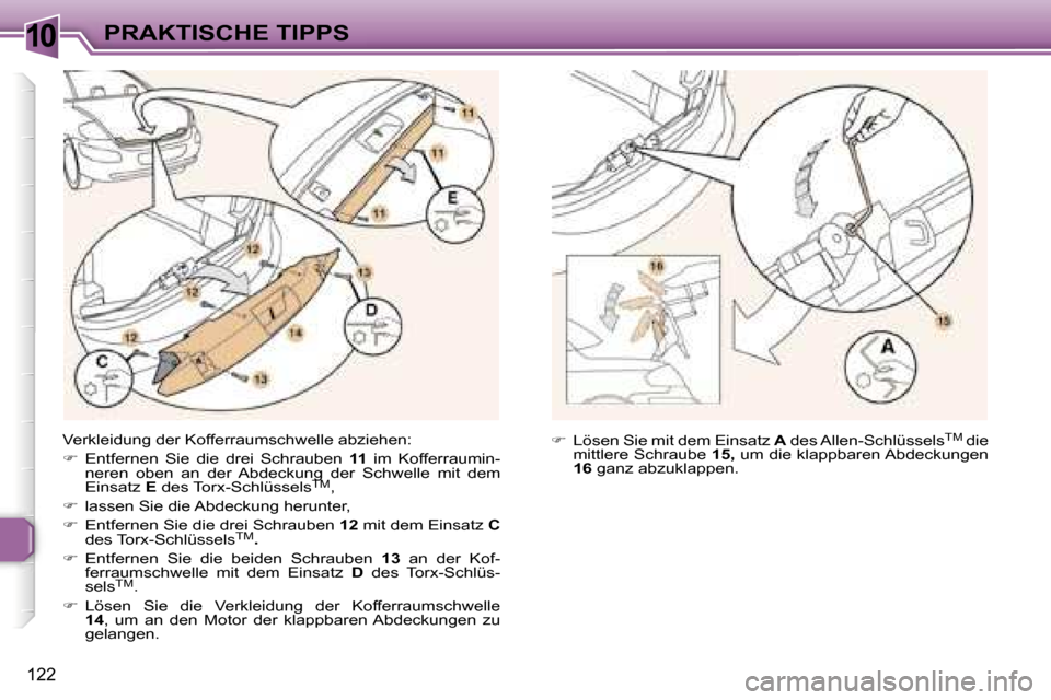 Peugeot 307 CC 2006  Betriebsanleitung (in German) �1�0�P�R�A�K�T�I�S�C�H�E� �T�I�P�P�S
�1�2�2
�V�e�r�k�l�e�i�d�u�n�g� �d�e�r� �K�o�f�f�e�r�r�a�u�m�s�c�h�w�e�l�l�e� �a�b�z�i�e�h�e�n�:�  
��  �E�n�t�f�e�r�n�e�n�  �S�i�e�  �d�i�e�  �d�r�e�i�  �S�c�h�