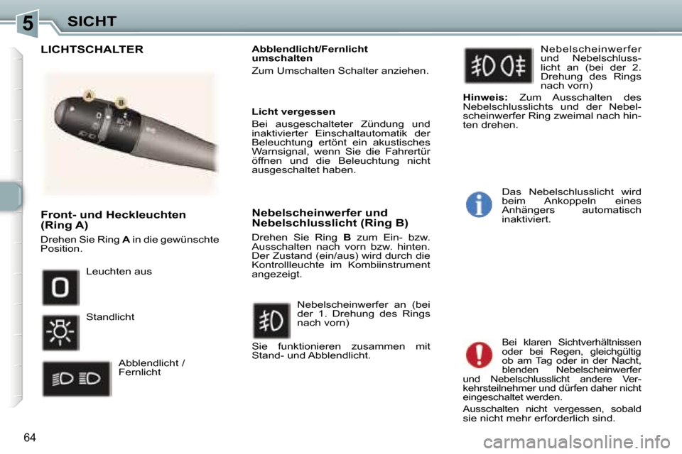 Peugeot 307 CC 2006  Betriebsanleitung (in German) �5�S�I�C�H�T
�6�4
�F�r�o�n�t�-� �u�n�d� �H�e�c�k�l�e�u�c�h�t�e�n�  
�(�R�i�n�g� �A�)� 
�D�r�e�h�e�n� �S�i�e� �R�i�n�g� �A� �i�n� �d�i�e� �g�e�w�ü�n�s�c�h�t�e� 
�P�o�s�i�t�i�o�n�. �A�b�b�l�e�n�d�l�i�c