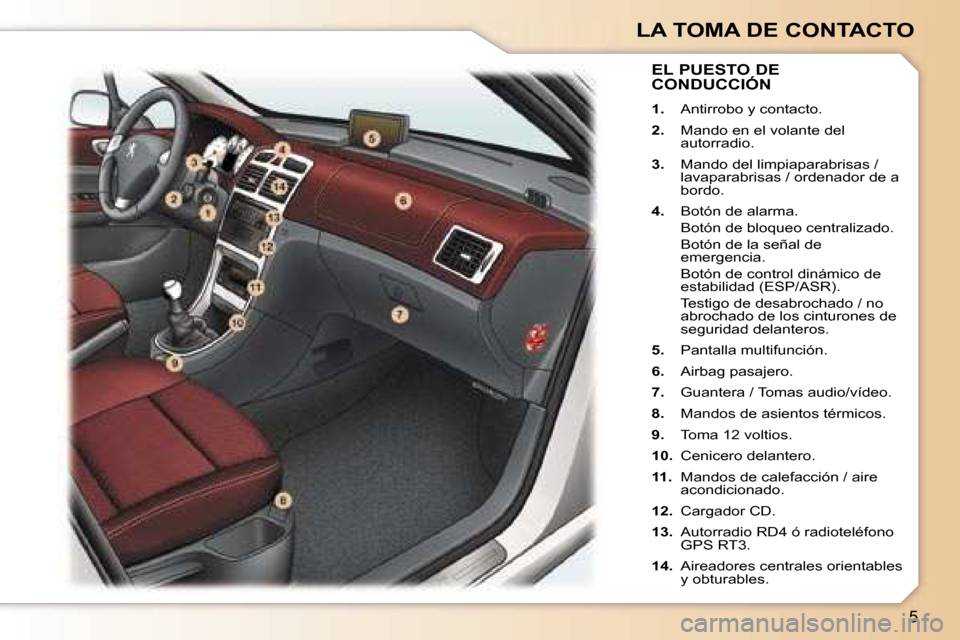 Peugeot 307 CC 2006  Manual del propietario (in Spanish) �5
�L�A� �T�O�M�A� �D�E� �C�O�N�T�A�C�T�O
�E�L� �P�U�E�S�T�O� �D�E�  
�C�O�N�D�U�C�C�I�Ó�N
�1�.�  �A�n�t�i�r�r�o�b�o� �y� �c�o�n�t�a�c�t�o�.
�2�. � �  �M�a�n�d�o� �e�n� �e�l� �v�o�l�a�n�t�e� �d�e�l� 