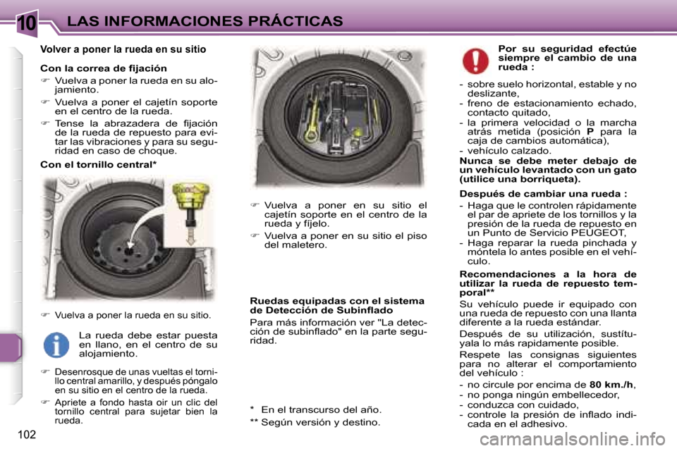 Peugeot 307 CC 2006  Manual del propietario (in Spanish) �1�0�L�A�S� �I�N�F�O�R�M�A�C�I�O�N�E�S� �P�R�Á�C�T�I�C�A�S
�1�0�2�V�o�l�v�e�r� �a� �p�o�n�e�r� �l�a� �r�u�e�d�a� �e�n� �s�u� �s�i�t�i�o
�C�o�n� �l�a� �c�o�r�r�e�a� �d�e� �ﬁ�j�a�c�i�ó�n 
�
�  �V