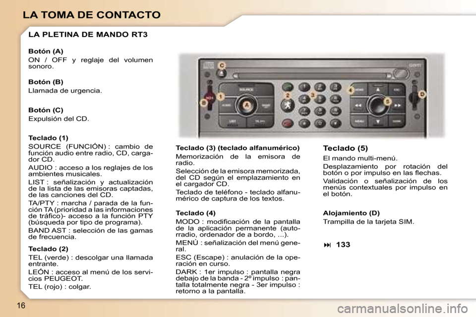 Peugeot 307 CC 2006  Manual del propietario (in Spanish) �1�6
�L�A� �T�O�M�A� �D�E� �C�O�N�T�A�C�T�O
�L�A� �P�L�E�T�I�N�A� �D�E� �M�A�N�D�O� �R�T�3
�T�e�c�l�a�d�o� �(�3�)� �(�t�e�c�l�a�d�o� �a�l�f�a�n�u�m�é�r�i�c�o�) 
�M�e�m�o�r�i�z�a�c�i�ó�n�  �d�e�  �l�