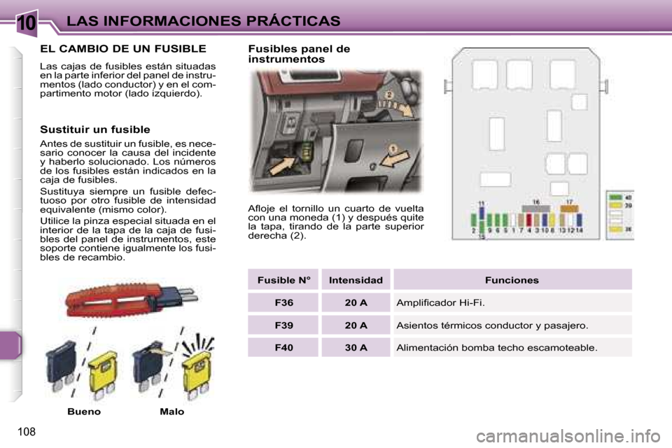 Peugeot 307 CC 2006  Manual del propietario (in Spanish) �1�0�L�A�S� �I�N�F�O�R�M�A�C�I�O�N�E�S� �P�R�Á�C�T�I�C�A�S
�1�0�8
�E�L� �C�A�M�B�I�O� �D�E� �U�N� �F�U�S�I�B�L�E
�L�a�s� �c�a�j�a�s� �d�e� �f�u�s�i�b�l�e�s� �e�s�t�á�n� �s�i�t�u�a�d�a�s�  
�e�n� �l�