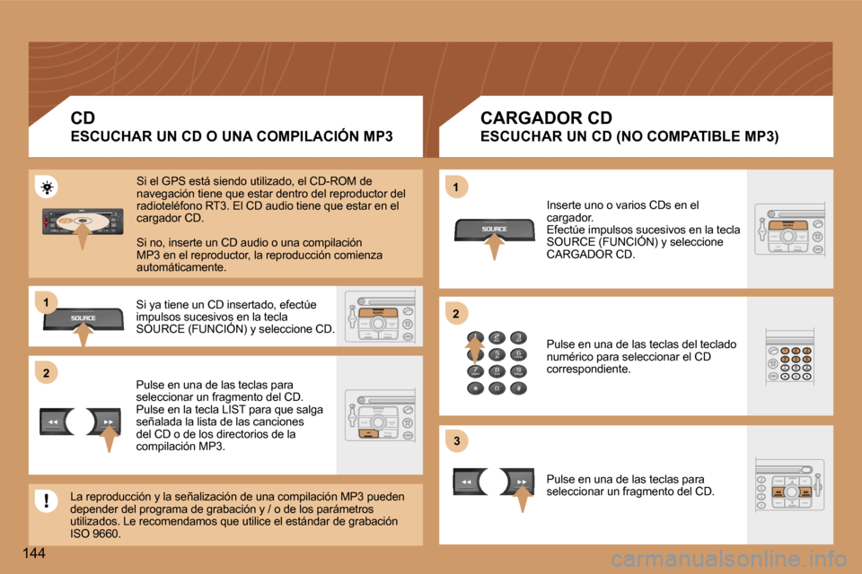 Peugeot 307 CC 2006  Manual del propietario (in Spanish) �2�1 
�2
�3
�1
�1�4�4 �C�D 
�E�S�C�U�C�H�A�R� �U�N� �C�D� �O� �U�N�A� �C�O�M�P�I�L�A�C�I�Ó�N� �M�P�3
�C�A�R�G�A�D�O�R� �C�D
�E�S�C�U�C�H�A�R� �U�N� �C�D� �(�N�O� �C�O�M�P�A�T�I�B�L�E� �M�P�3�)
�S�i� 