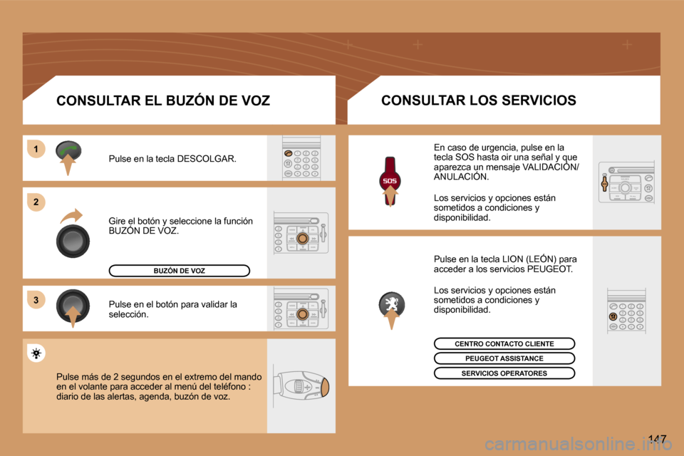 Peugeot 307 CC 2006  Manual del propietario (in Spanish) �1 
�2 
�3
�1�4�7
�G�i�r�e� �e�l� �b�o�t�ó�n� �y� �s�e�l�e�c�c�i�o�n�e� �l�a� �f�u�n�c�i�ó�n�  
�B�U�Z�Ó�N� �D�E� �V�O�Z�.
�P�u�l�s�e� �e�n� �l�a� �t�e�c�l�a� �D�E�S�C�O�L�G�A�R�. 
�P�u�l�s�e� �e�n