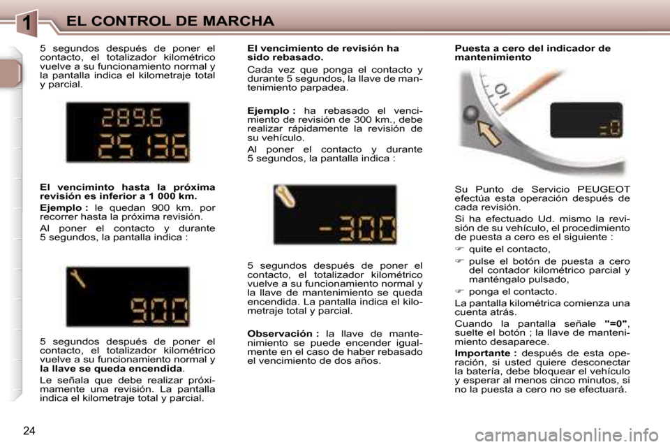Peugeot 307 CC 2006  Manual del propietario (in Spanish) �1�E�L� �C�O�N�T�R�O�L� �D�E� �M�A�R�C�H�A
�2�4
�S�u�  �P�u�n�t�o�  �d�e�  �S�e�r�v�i�c�i�o�  �P�E�U�G�E�O�T�  
�e�f�e�c�t�ú�a�  �e�s�t�a�  �o�p�e�r�a�c�i�ó�n�  �d�e�s�p�u�é�s�  �d�e� 
�c�a�d�a� �r