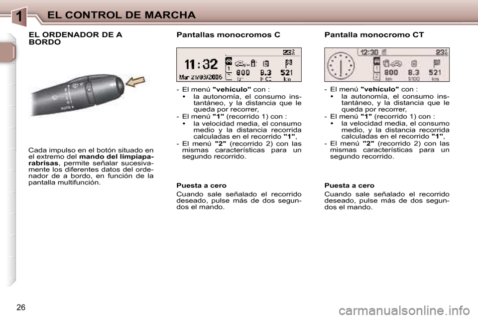 Peugeot 307 CC 2006  Manual del propietario (in Spanish) �1�E�L� �C�O�N�T�R�O�L� �D�E� �M�A�R�C�H�A
�2�6
�E�L� �O�R�D�E�N�A�D�O�R� �D�E� �A�  
�B�O�R�D�O
�C�a�d�a� �i�m�p�u�l�s�o� �e�n� �e�l� �b�o�t�ó�n� �s�i�t�u�a�d�o� �e�n�  
�e�l� �e�x�t�r�e�m�o� �d�e�l