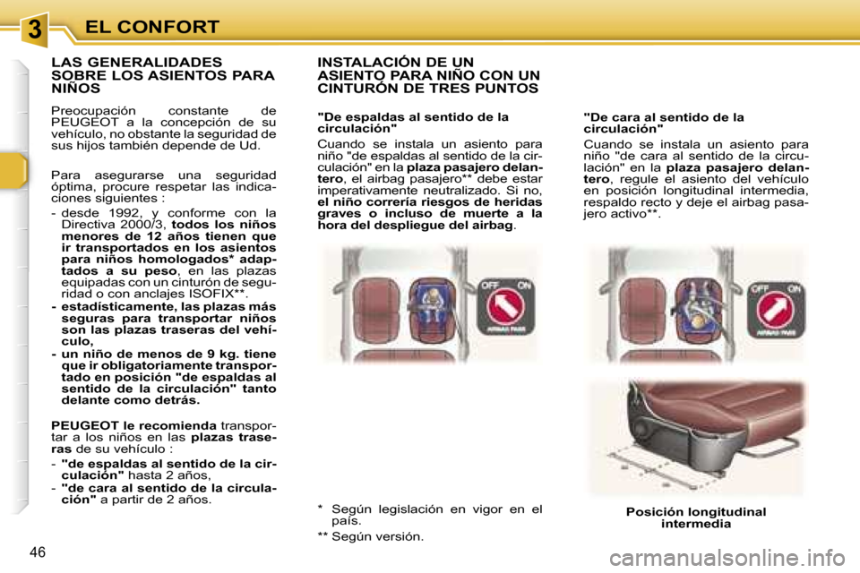 Peugeot 307 CC 2006  Manual del propietario (in Spanish) �3�E�L� �C�O�N�F�O�R�T
�4�6
�"�D�e� �c�a�r�a� �a�l� �s�e�n�t�i�d�o� �d�e� �l�a�  
�c�i�r�c�u�l�a�c�i�ó�n�" 
�C�u�a�n�d�o�  �s�e�  �i�n�s�t�a�l�a�  �u�n�  �a�s�i�e�n�t�o�  �p�a�r�a�  
�n�i�ñ�o�  �"�d